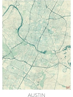 Jeronkarji Austin Haritası Mavi Tablo Ahşap Poster Dekoratif