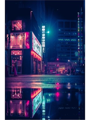 Jeronkarji Sokaklarda Neon Tokyo Yansıma Kırmızı ve Yeşil Işıklar Tablo Ahşap Poster Dekoratif