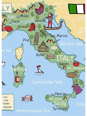 Jeronkarji Italya Çizgi Film Haritası Tablo Ahşap Poster Dekoratif