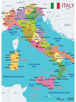 Jeronkarji Bölgeleri ve Ana Şehirleri Gösteren Italya Haritası Tablo Ahşap Poster Dekoratif