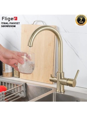 OEM Mutfak Evye Bataryası Dual Flow Su Arıtma Çıkışlı Spiralli Fiskiyeli 7 Yıl Garantili Ithal Mat Gold