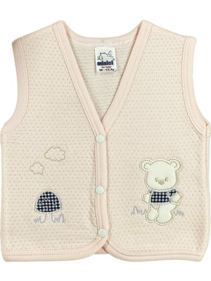 Miniel Unisex Bebek Mantarlı Ayıcık Nakışlı Organik Pamuklu 3-6-9 Ay 2li Kapitone Bebek Yelek