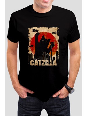 Catzilla Baskılı Siyah Unisex Tişört C600