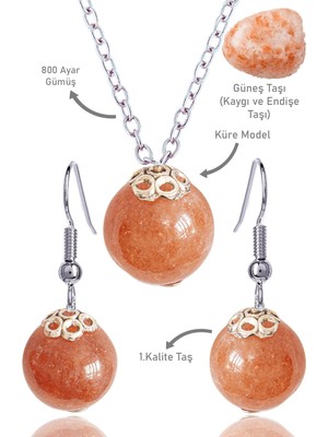 Tesbih Atölyesi Sertifikalı Küre Model Güneş Taşı Kolye ve Küpe Seti - Gümüş Aparatlı