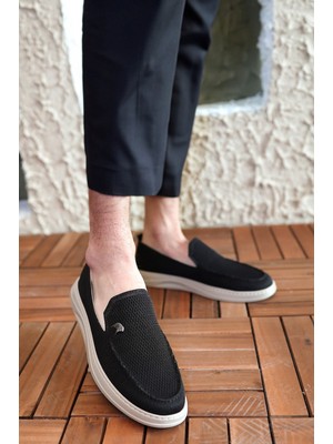 Tomiross Terry Erkek Siyah Garantili Rahat Dikişli Esnek  Deri Detaylı Triko Loafer TERRY-7992