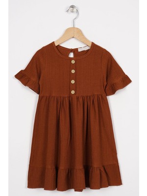 Bisiklet Yaka Kısa Kol Fırfırlı Dugmelı Kahverengi Renk Kız Çocuk Elbıse