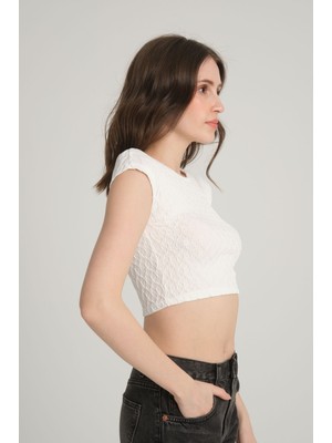 Sumain Design Bürümcük Desenli Beyaz  Crop Top M