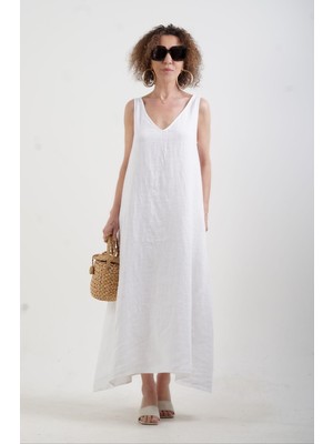Beyaz Naturel Keten Ön Arka V Yaka Elbise