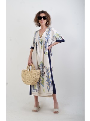 Lacivert Pano Desen Keten Karışımlı Elbise