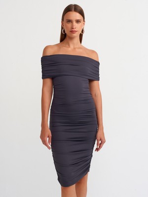 Dilvin 91153 Omuzları Açık Büzgülü Elbise-Antrasit