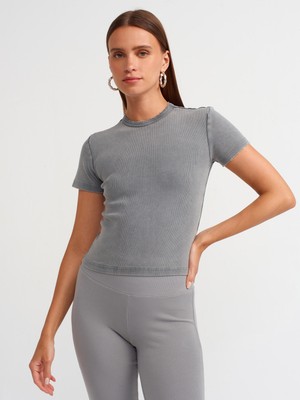 30457 Yıkama Efektli T-Shirt-Gri
