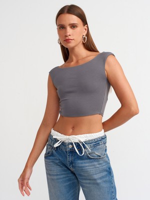 Dilvin 20869 Kayık Yaka Crop Top-Füme