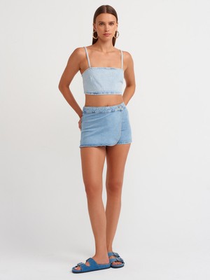 Dilvin 71508 Kruvaze Denim Şort Etek-Mavi