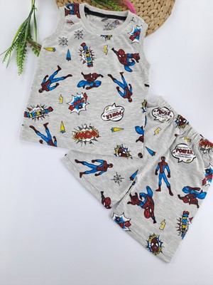 Bonboner Kids Kız Çocuk Yazlık Şortlu Pijama Takımı Gri Spiderman Baskılı