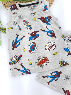 Bonboner Kids Kız Çocuk Yazlık Şortlu Pijama Takımı Gri Spiderman Baskılı