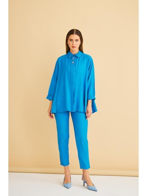 Basic Park Afra Taş Işlemeli Keten Dokuma Mavi Gömlek Pantolon Takım
