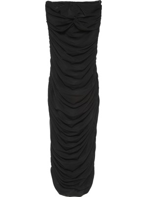 Drape Detaylı Straplez Midi Elbise Siyah