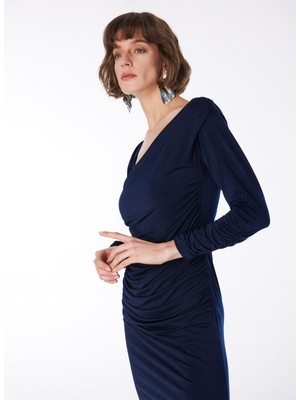 Fabrika Kruvaze Yaka Düz Lacivert Mini Elbise F4SL-ELB0179