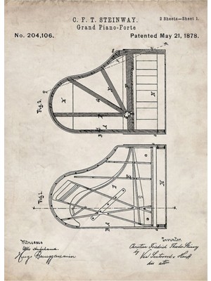 Jeronkarji Steinway Kuyruklu Piyano Patenti - Piyano Çalar Sanatı - Antik Tablo Ahşap Poster Dekoratif