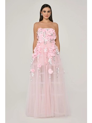 ALFABETA 3 Boyutlu Çiçek Aksesuarlı Straplez Pembe Kadın Abiye 2246576