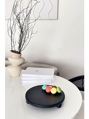 Justwood Risus Siyah Top Ayaklı 29 cm Ahşap Yuvarlak Pasta Sunum Servis Tabağı