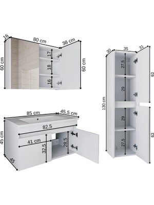 Banos Roomart 2 Kapaklı Lavabolu Beyaz Mdf 85 cm Banyo Dolabı + Aynalı Banyo Üst Dolabı + Banyo Boy Dolabı