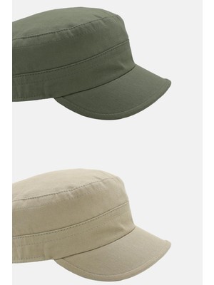 Külah Erkek Fidel Castro Şapka 2li Kep Rozet Detaylı Kasket - Haki/Bej