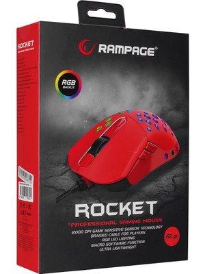 Rampage SMX-R66 Rocket Ultra Hafif Kırmızı Rgb Ledli 12000DPI  Oyuncu Mouse