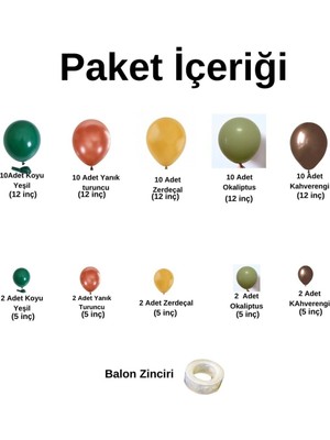 Organizasyon Pazarı Zincir Balon Seti Koyu Yeşil- Turuncu-Zerdeçal-Okaliptus-Kahverengi 60ADET+BALONŞERIDI