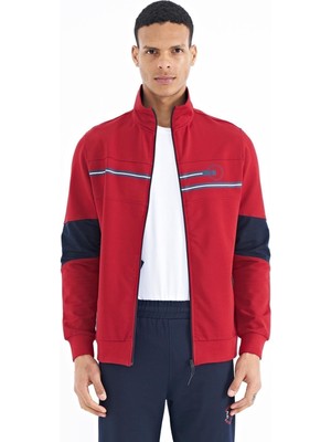 Tommy Life Kırmızı - Indigo Renk Bloklu Fermuar Cep Detaylı Dik Yaka Erkek Eşofman Takım - 85204