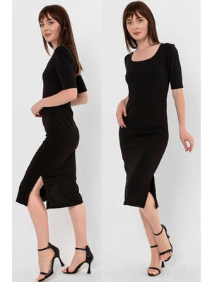 Laranor Balerin Yaka Yırtmaç Detaylı Krep Kalem Elbise 38 - Siyah