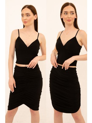 Laranor Düz ve Asimetrik Olarak Giyilebilen Çift Yönlü Büzgülü Etek 40 - Siyah