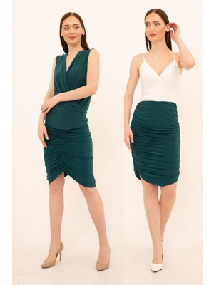 Laranor Düz ve Asimetrik Olarak Giyilebilen Çift Yönlü Büzgülü Etek 42 - Zümrüt Yeşili