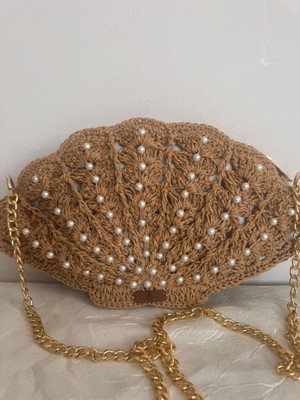 Merut Style El Örgüsü Kağıt Ip Incili Midye El ve Omuz Çantası