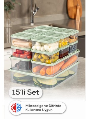Vienev 15’li Buzdolabı Dondurucu Organizer Mikrodalga ve Difrize Uygun Saklama Kabı Mint 12x(350ML) 2x(1,65LT) 1x(3,5LT)