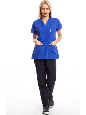 Simirna Üniforma Üst Saks Mavisi Alt Lacivert Cerrahi Doktor Hemşire Scrubs Forma Takım