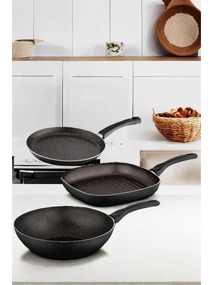 Bayev Ragnar 3 Parça Tava Seti 3 Lü Çeyiz Tava Set; Wok, Grill, Krep Tava