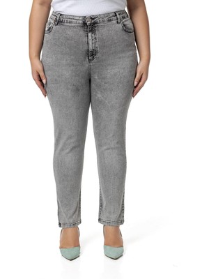 Disentis Modest Büyük Beden Yüksek Bel Dar Paça Açık Gri Denim Pantolon