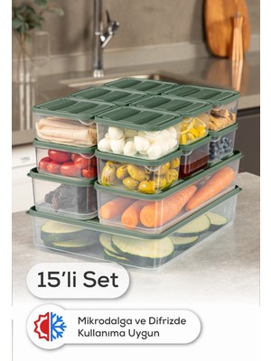 Vienev 15’li Buzdolabı Dondurucu Organizer Mikrodalga ve Difrize Uygun Saklama Kabı Yeşil 12x(350ML) 2x(1,65LT) 1x(3,5LT)
