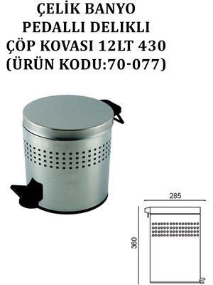 Çelik Banyo Pedallı Delikli Çöp Kovası 12 Lt Siyah (Model NO:70-077)