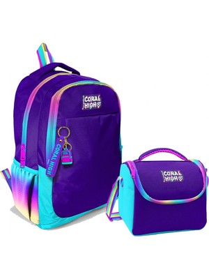Coral High Kız Çocuk Üç Gözlü Ilkokul ve Ortaokul Sırt Çantası+Beslenme - Rainbow Fermuarlı Mor