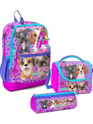 Coral High Kız Çocuk Üçlü Okul Çanta Seti - Pembe Köpek 14,4 Litre Kapasite ile Eğlenceli Tasarım