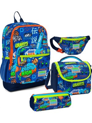 Coral High Erkek Çocuk Saks Grafiti Desenli Ilkokul Okul Çanta Seti ve Bel Çantası