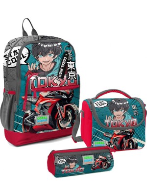 Coral High Erkek Çocuk Üçlü Ilkokul Okul Çanta Seti - Gri Nefti Anime Motorsiklet