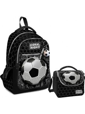 Coral High Üç Gözlü Ilkokul Çantası ve Beslenme Çantası - Siyah Futbol Desenli - Erkek Çocuk