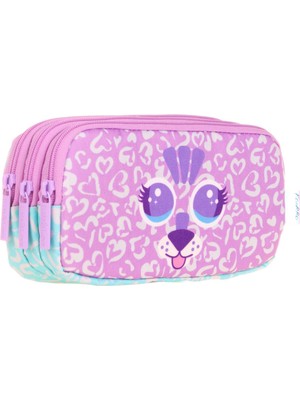 Kaukko Üç Bölmeli Sevimli Aslan Mor Kız Çocuk Kalem Çantası