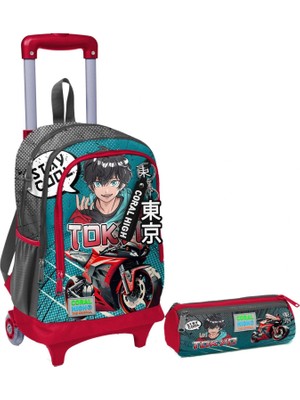 Coral High Gri Nefti Anime Motorsiklet Işıklı Tekerlekli Çekçek Çanta ve Kalemlik Seti - Erkek Çocuk