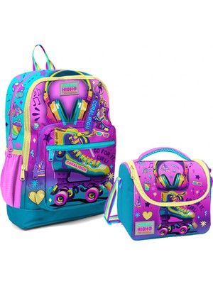 Coral High Dört Bölmeli Kız Çocuk Okul Sırt Çantası ve Beslenme Seti - Pembe Turkuaz Kulaklık Paten