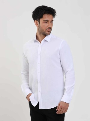 Dufy Beyaz Erkek Slim Fit Gofre Desenli Brent Yaka Uzun Kol Gömlek