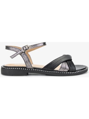 Valmenti Tenry Kadın Siyah/antrasit Hakiki Deri Duz Sandalet 33 187-5 Bn Sndlt Y24